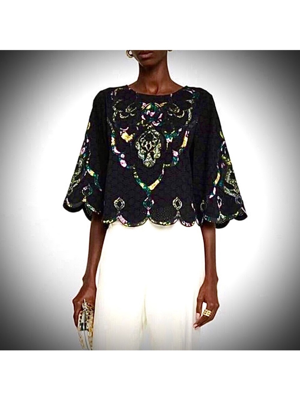 KOBI HALPERIN Ramona Blouse Scalloped Black Eyelet Appliqué M MSRP $398